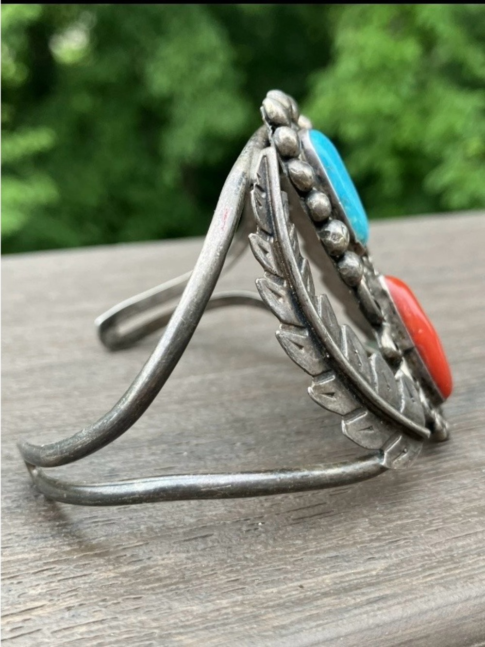 Turquoise & Red Jasper Mexico 925 Sterling Silver Cuff Bangle Bracelet Vintage - Picture 5 of 10
